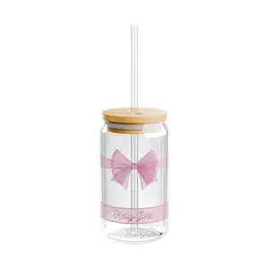 Glass Cup with Glass Straw and Bow for Drinking and Eating - Mug, Drinkware