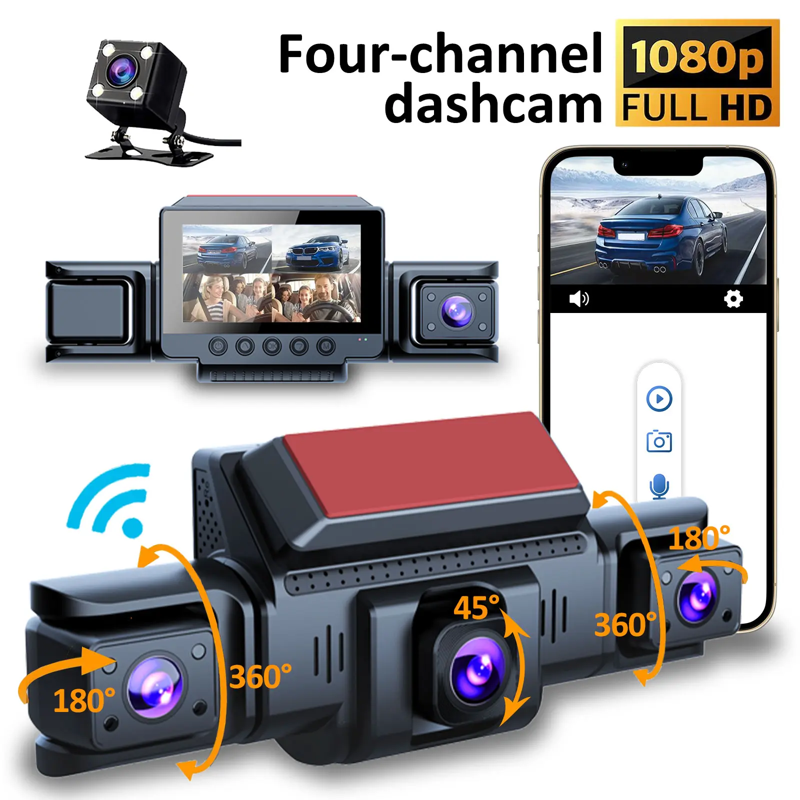 Hikity Dashcam 1080P 360° 4 Caméras – DVR Android Autoradio Avec Carte 64Go, Vision Nocturne, G-Sensor, Parking 24h