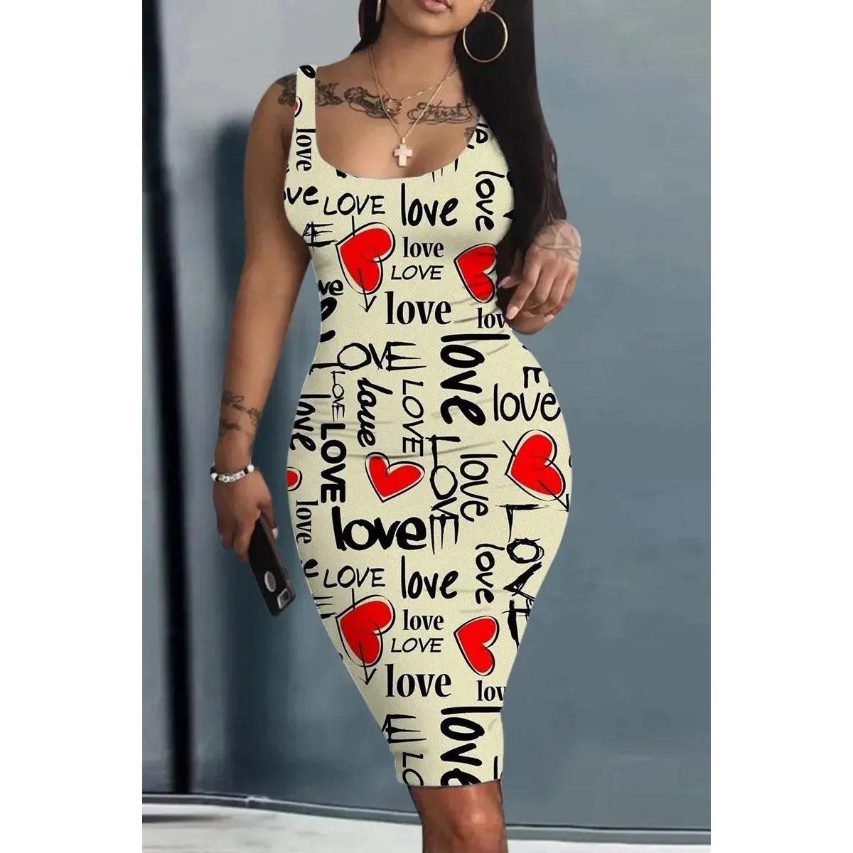 Платье Женское Plus Size Summer Women's Dress Large Size Contrast Heart Print U-Neck Sleeveless Casual Bodycon Mini Dresses