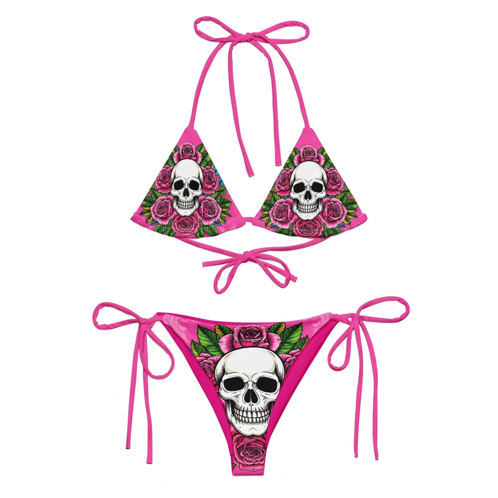 Pink Skull Bikini Set, Adjustable String Swimsuit with Rose Print