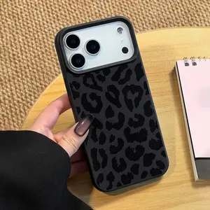 Dark leopard print pattern, drop-proof black phone case, suitable for iPhone 17, 16, 15, 14, 13, 12, 11, 17 Pro Max, Air, and Plus. Soft case design.