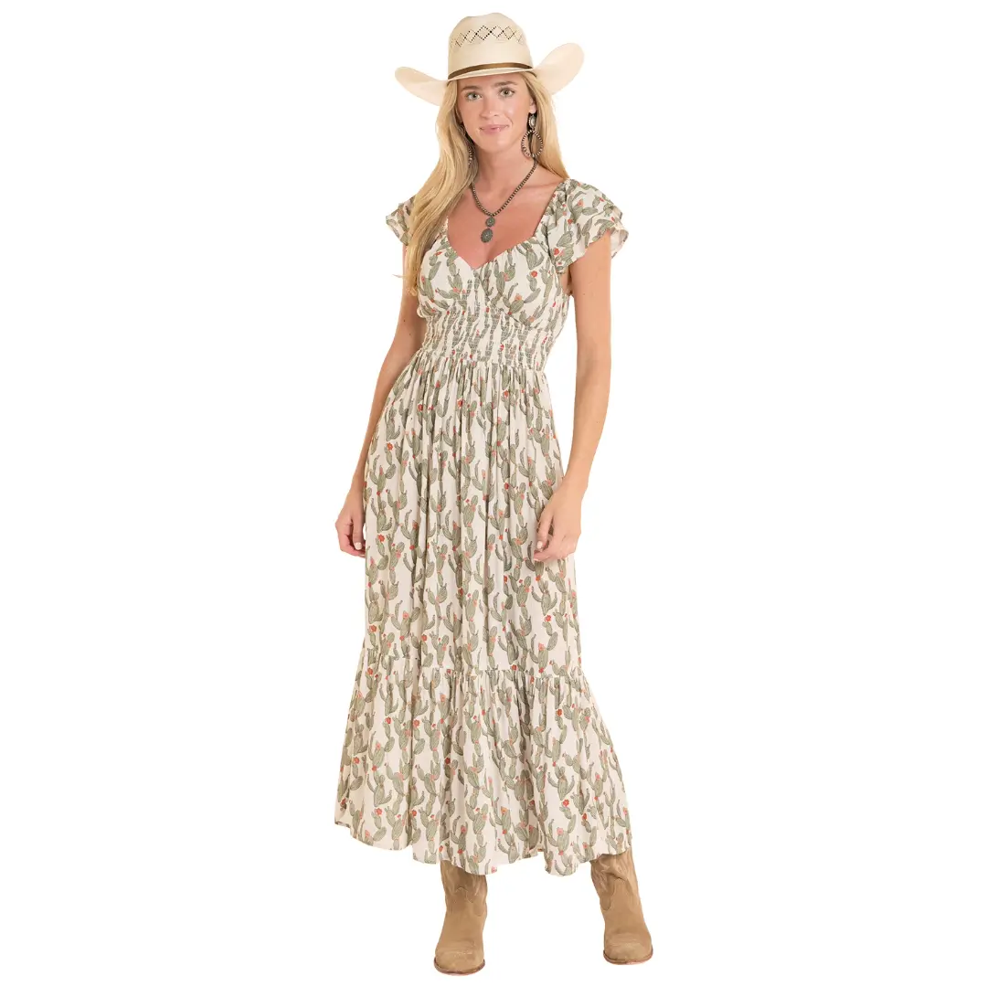 Rock & Roll Denim Ladies Jade Cactus Print Midi Dress BWD0R08810