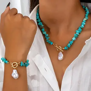 Boho Turquoise Handmade Necklace and Bracelet Set, Retro Turquoise Chips and Baroque Pearl Jewelry Set ,Simple Alloy Fashion Accessory for Daily Wear -  Elegant Women Artificial Baroque Pearls Pendant Necklace Bracelet Chain Jewelry