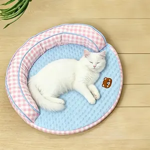 Summer Round Cat Bed, Ice Silk Cooling Pet Princess Style, Cute Sofa Pad for Kittens and Puppies, Cool Mat for Small Animals