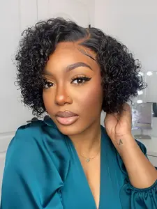 pixie cut human hair wig, black 1b99j color for women pixie wig 13X4 frontal lace curly wave, Kinky Curly Wig, Fluffy Wigs, short curly human hair wig daily party use