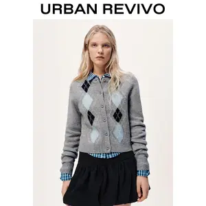 URBAN REVIVO Women's Knitting Long-Sleeve Geometric Argyle Cardigan, Elegant Casual Normal-Type Clothes, Full-Sleeve Women's Top, UYY950140