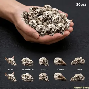 30PCS Halloween Mini Resin Animal Head Ornaments - Gothic Crow/Ram Sculptures Set, DIY Bag Accessories for Classroom Prizes, Spooky Party Decor
