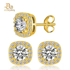 Delzzad 18K Gold-Plated Halo Square Stud Earrings Synthetic Moissanite Earrings S925 Stud Birthday Anniversary Mother's Day Christmas Gifts for Men Women