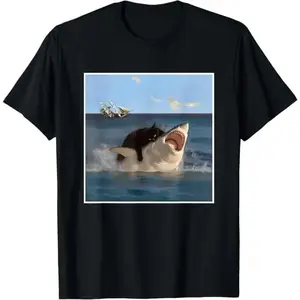 🐱🦈[Graphic T-shirt] [100% Cotton] [Funny T-shirt]Funny Cat Shark Graphic T-Shirt – Cool Fat Cat Biting Shark Meme Tee, Unisex Casual Short Sleeve Crewneck, Soft Cotton Streetwear Top, Hilarious Gift Shirt for Cat Lovers & Meme Fans Everyday Wear