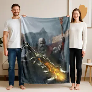 1 piece God of War Kratos and the Sword of Flames themed flannel blanket - All-season flannel blanket, suitable for sofas and beds, super soft and comfortable, modern geometric pattern design, digital printing, 100% polyester material, machine