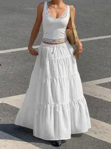 tiktokshopspringglowup Cozy White Womenswear Two-Piece Set: Lace Sleeveless Cami + Ruffled Maxi Skirt | Lightweight, Breathable Fabric | Drawstring Waist for Perfect Fit | Versatile Casual Look for Spring/Summer | Elevate Your Wardrobe Elegance ✨