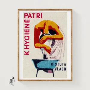 Woman Washing Hair Matchbox Print | Vintage Czech Poster Art | Aesthetic Wall Art | Retro Matchbox Label Digital Download