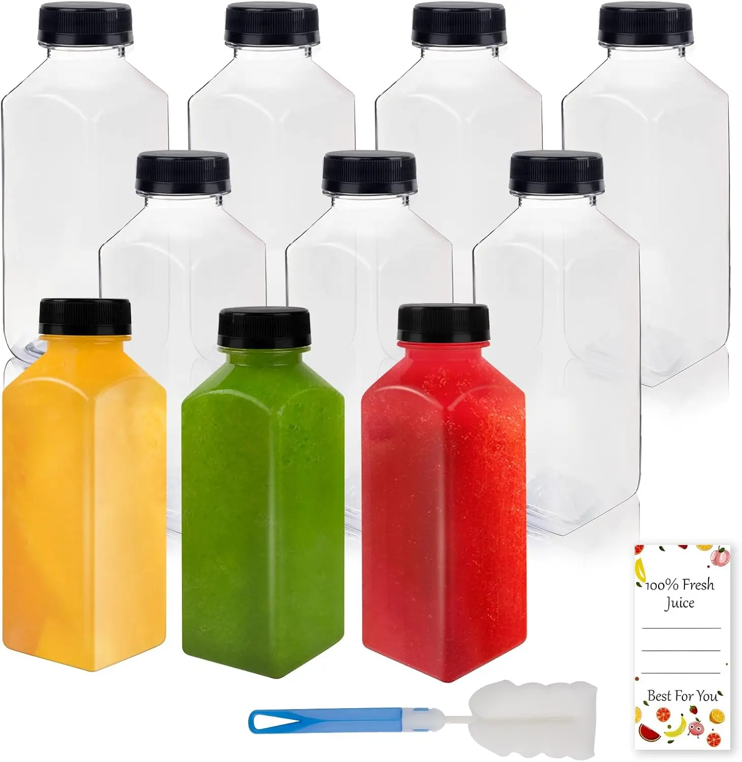 10-Pc 12oz Lightweight BPA-Free Food-Grade Plastic Juice Bottles with Leakproof Tamper-Proof Caps - Reusable Kitchen Preserving Containers, Decorative 10-Pc Gift Set for Juicing, Kitchen Enthusiasts (Brush Included)