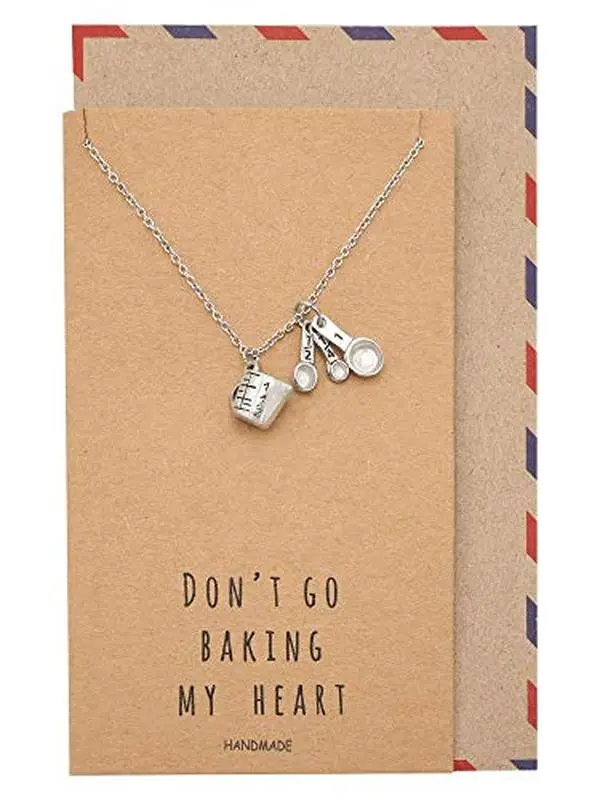 Quan Jewelry Pewter Measuring Cup Pendant Necklace with Stainless Steel Chain - Casual Cooking Jewelry for Bakers, Chefs - Birthday Gift for Her with Funny Greeting Card, Baking, Kitchen, Greeting Card Included, Long, Chef Jewelry