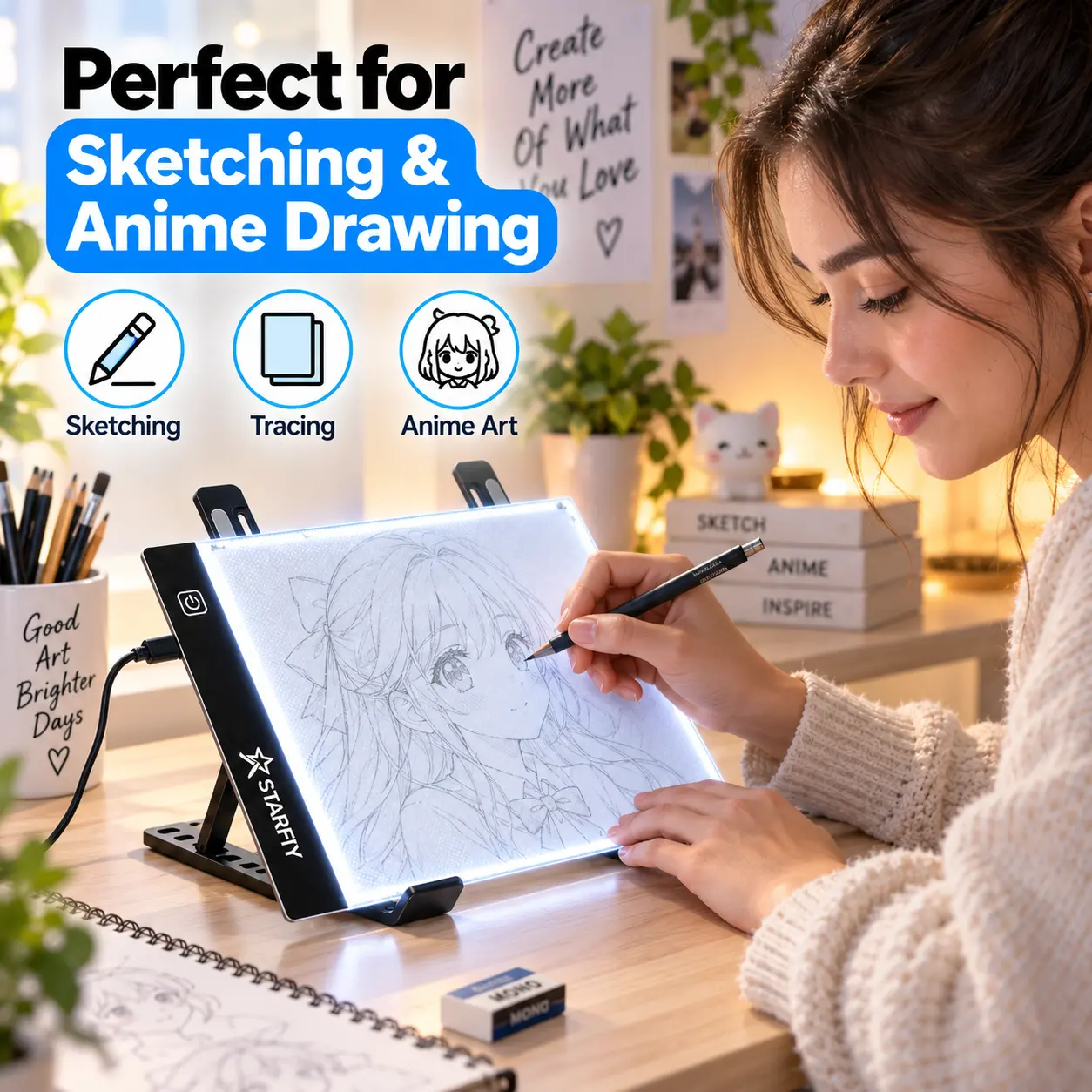 A5 Ultra-Thin LED Light Pad Set, USB-Powered 3-Level Adjustable Brightness Tracing Board with 10-Level Foldable Stand, 4 Binder Clips & USB Cable for Diamond Painting, Sketching, Anime Drawing, DIY Crafts & Holiday Gift