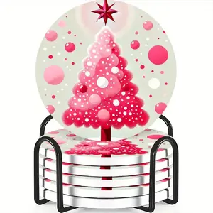 6-piece ceramic coaster set, themed around a pink Christmas tree, these heat-resistant, non-slip coasters with stands are perfect for home or dining table decorations, and elegant drink mats – the perfect holiday gift.