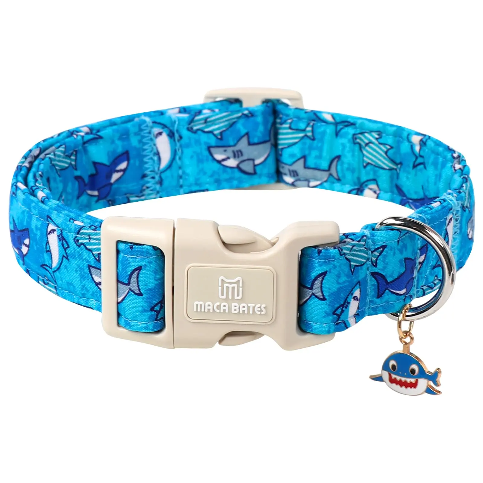 Maca Bates Summer Shark Dog Collar, Soft & Adjustable Cotton Puppy Collar with Cute Pendant for Small Medium Large Male Female Dogs