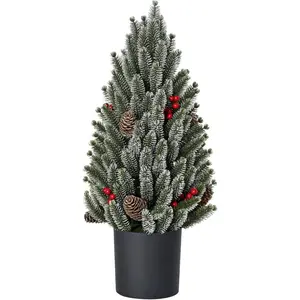 18 Tall Unlit Miniature Snow-Flocked Tabletop Artificial Christmas Tree, Holiday Decoration with Pine Cones and Berries
