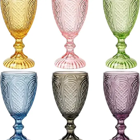 Summerwins 10.5oz Luminous Heirloom Handcrafted Vintage Embossed Heavy-Duty Beverage Glass Cup Set of 6 - Ergonomic Spillproof Grip, Smooth Silken Rim Sip, Dishwasher Safe, Prismatic Light Refraction, Pristine Beverage Visibility, Anniversary Gift