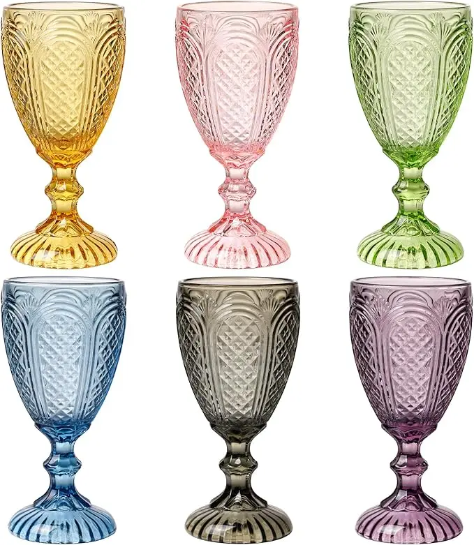 summerwins 10.5 oz Colored Vintage Embossed Handcrafted Glass Cup Set of 6 - Dishwasher Safe Goblets for Table, Wedding Gift, Mother’s Day Use