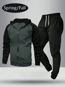 Men's lightweight personalized patchwork zip-up hoodie with matching joggers, stylish and casual jacket with pockets and drawstring waistband, perfect as a gift for husband or boyfriend, suitable for spring and autumn wear