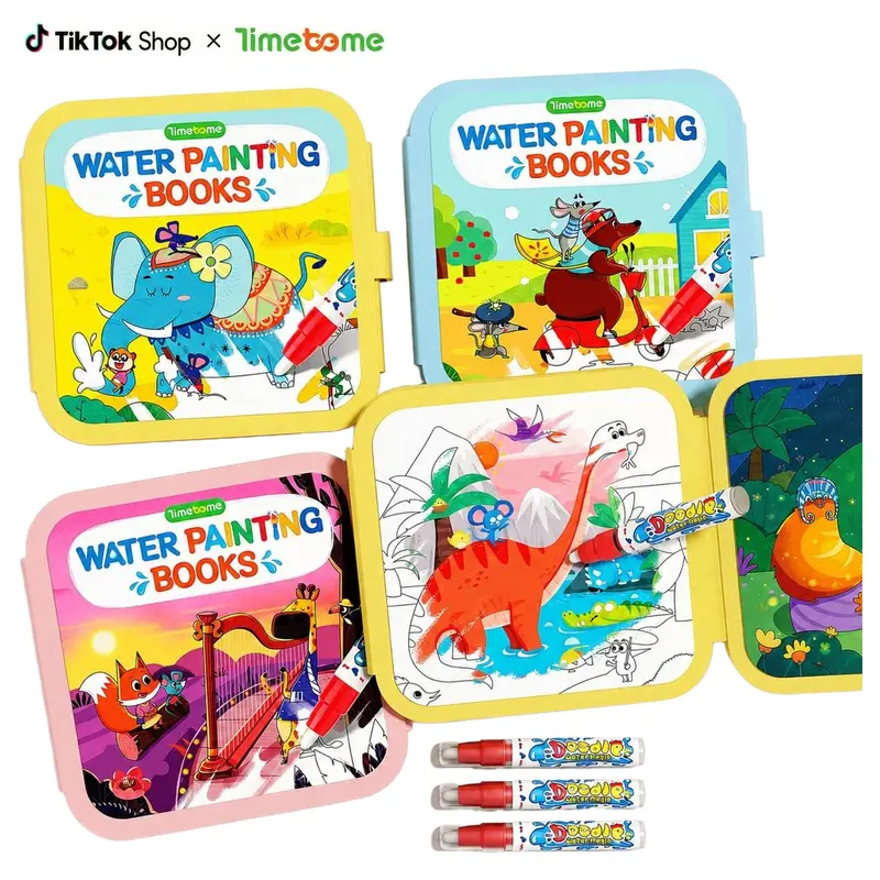 Timetome Magic Water Coloring Books for Kids, 3-Pack Reusable Water Painting Books with 3 Water Pens, Fairy Tale, Animal & Dinosaur Themes, Mess-Free Paint with Water Travel Activity for Creativity and Early Learning