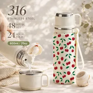 1 Pc Vacuum Cup, 600ml Thermal Mug, Double Wall Insulated Mug, Leak Proof Skinny Tumbler With Handle And Strap, 24 Hours Hot 48 Hours Cold, Portable Travel Mug For Coffee Tea Juice Water, Gift For Women Men Holiday Daily Use