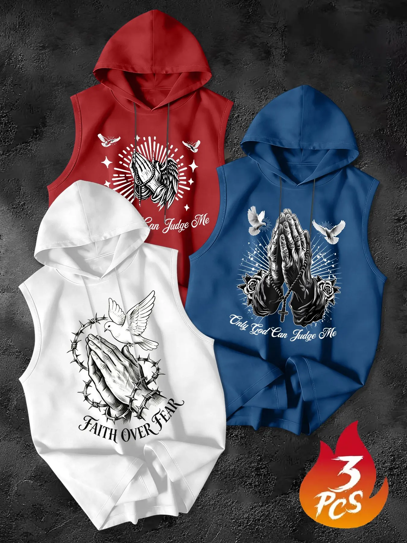 Men's American Religious Style Prayer Hand Hooded Sleeveless Vest Set, Loose Fit, Casual Street Fashion, Casual Tribal Pattern, High Value Trio Pack