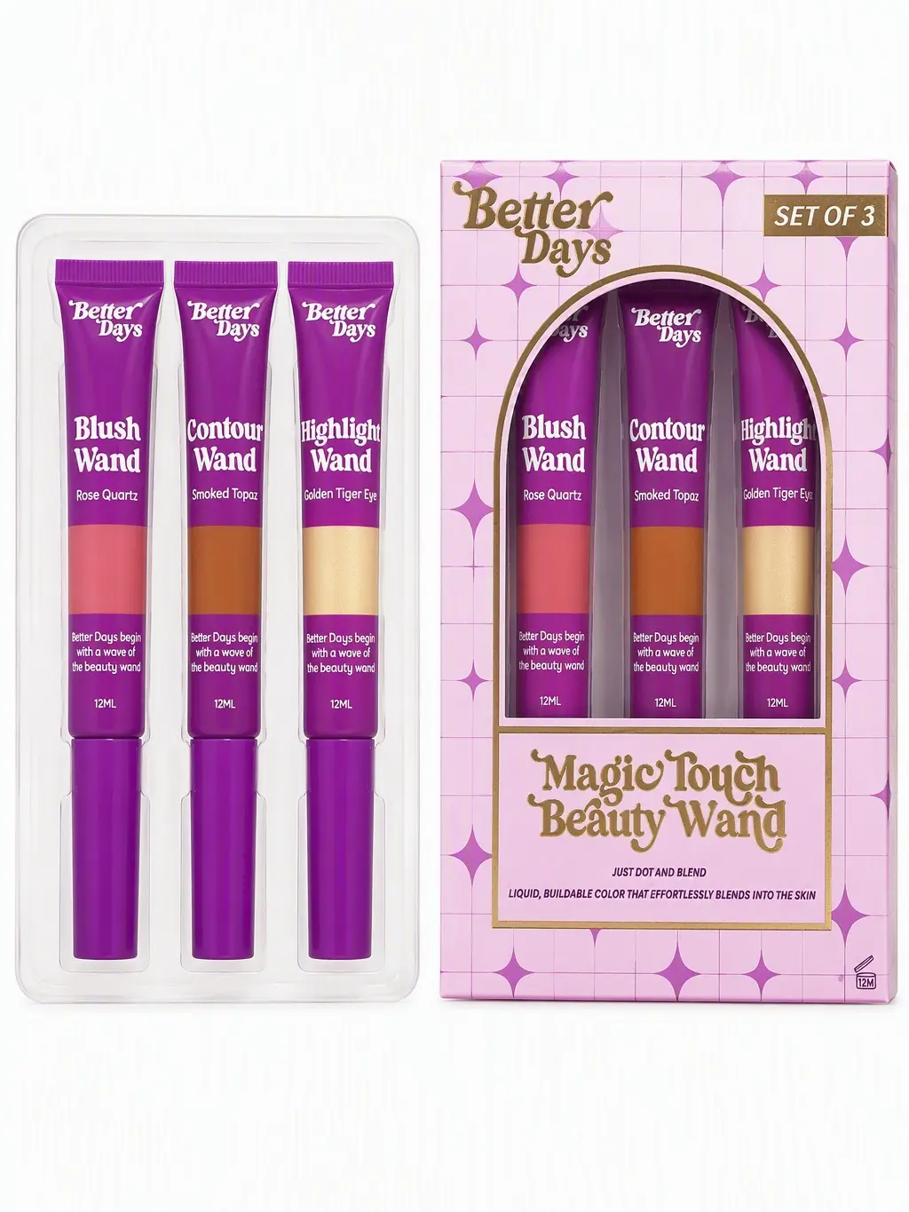 Better Days Magic Touch Beauty Wand Set, 3 Piece Contour, Blush & Highlighter Collection