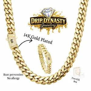 [Set] 14K Real Gold-Plated Cuban Necklace& Bracelet with Miami Link Chain and Diamond Clasp, Anti-Friction, for Men and Women, Stainless Steel Thick Chain Hip Hop Jewelry 6/8/10/12/14MM, Colorfast, Waterproof, Thickened, Black Friday