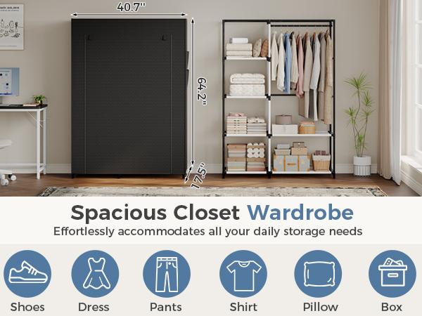 Portable Wardrobe Closet with Cover, Freestanding Portable Garment Rack, Portable Closet Wardrobe for Clothes Storage, Clothes Organizer for Bedroom, Dorm, Apartment, Black.