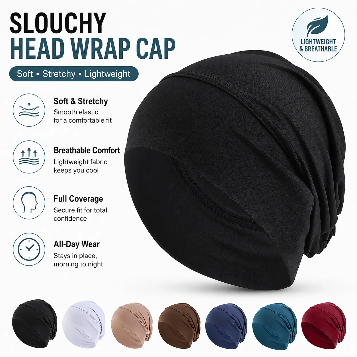 Women's Slouchy Head Wrap, Soft Stretch Breathable Cap with Gathered Back, 1 Size for Everyday Fashion