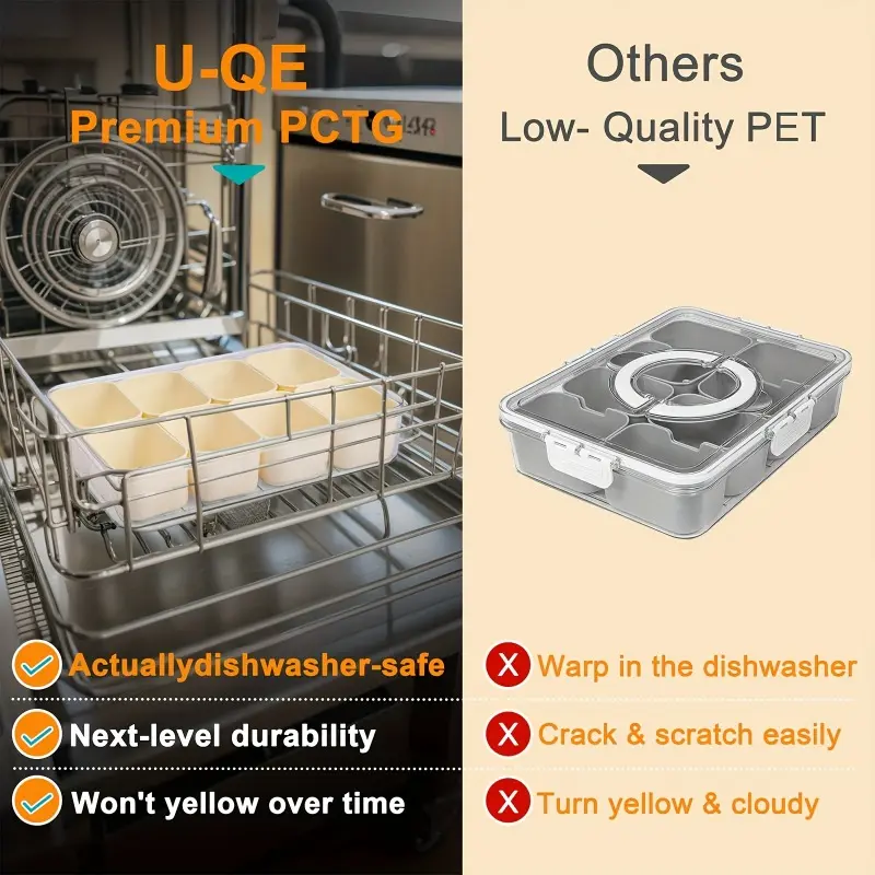 2-piece set, 4/8 grid container +transparent lid, Portable snack tray, Lidded storage container, four-sided snap-on transparent material sealed storage box, suitable for refrigerator kitchen food storage, reusable for fruits, snacks