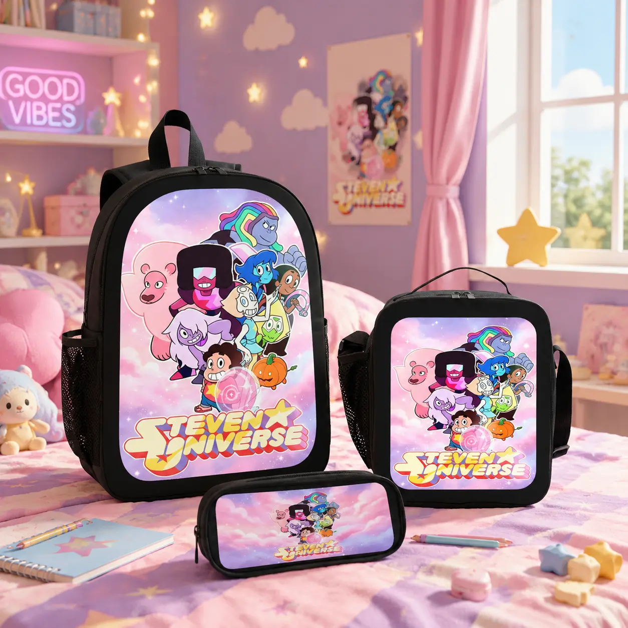Steven Universe Backpack Set 3PCS Backpack Lunch Bag Pencil Case Bookbag Back To School Travel Daily Carry Kids Teens Boys Girls Cartoon Anime Merch Gift Lightweight Cute Kawaii School Bag TikTok Trending Backpack Set Insulated Lunch Bag