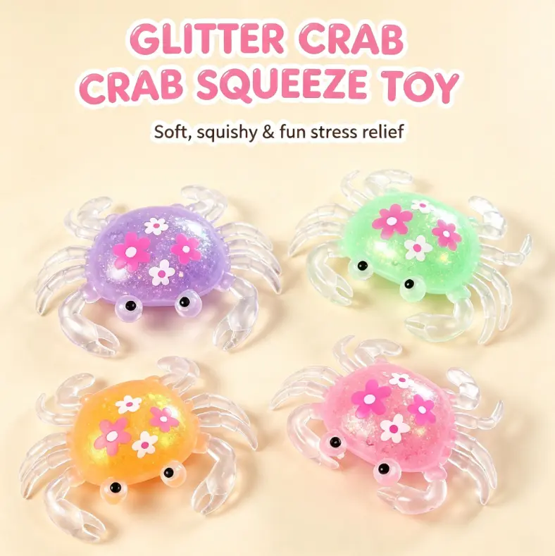Glitter Flower Crab Squeeze Toy, Soft TPR Stress Relief Toy, Shiny Sequin Sensory Squishy Ball, Cute Desktop Decoration, Beach Party Gift and Holiday Present