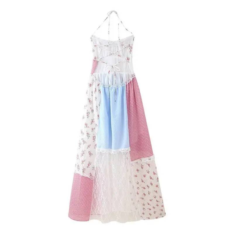Womens Cottagecore Floral Halter Maxi Dress, Lace Trim Patchwork Flowy  Sundress, Y2K Fairycore Aesthetic Summer Dress, Summer Soccer Game Day -  TikTok Shop