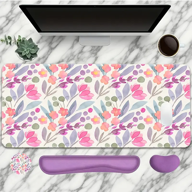 Flower Pattern Mouse Pad With Wrist Rest Set 4PC Large Gaming Mouse Pads Colorful Watercolor Pastoral Style Mouse Pad For Desk XXL Non-Slip Rubber Base Desk Pad Keyboard Mat For Office Home Desktop Protector Decor Mousepad Desk Mat Mousepads Aesthetic