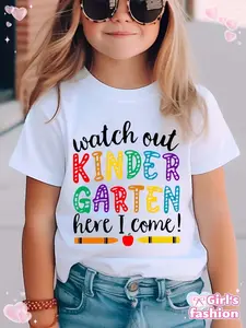 Girls' T-Shirt with Short Sleeves Made of. Get Ready, Kindergarten, I'M on My Way! Adorable, Colorful Letter Print on a Versatile And Comfy Round Neck Top