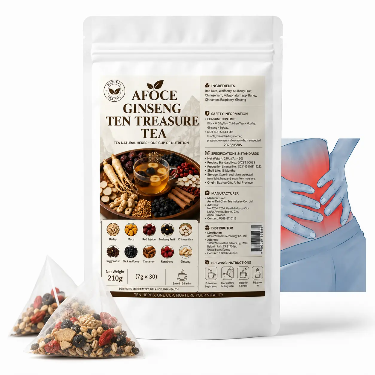 AFOCE Kidney Tea Formula, Ginseng 10 Treasure Tea for Men, Organic Herbal Tea with Red Date, Wolfberry, Mulberry & Maca, natural wellness drink