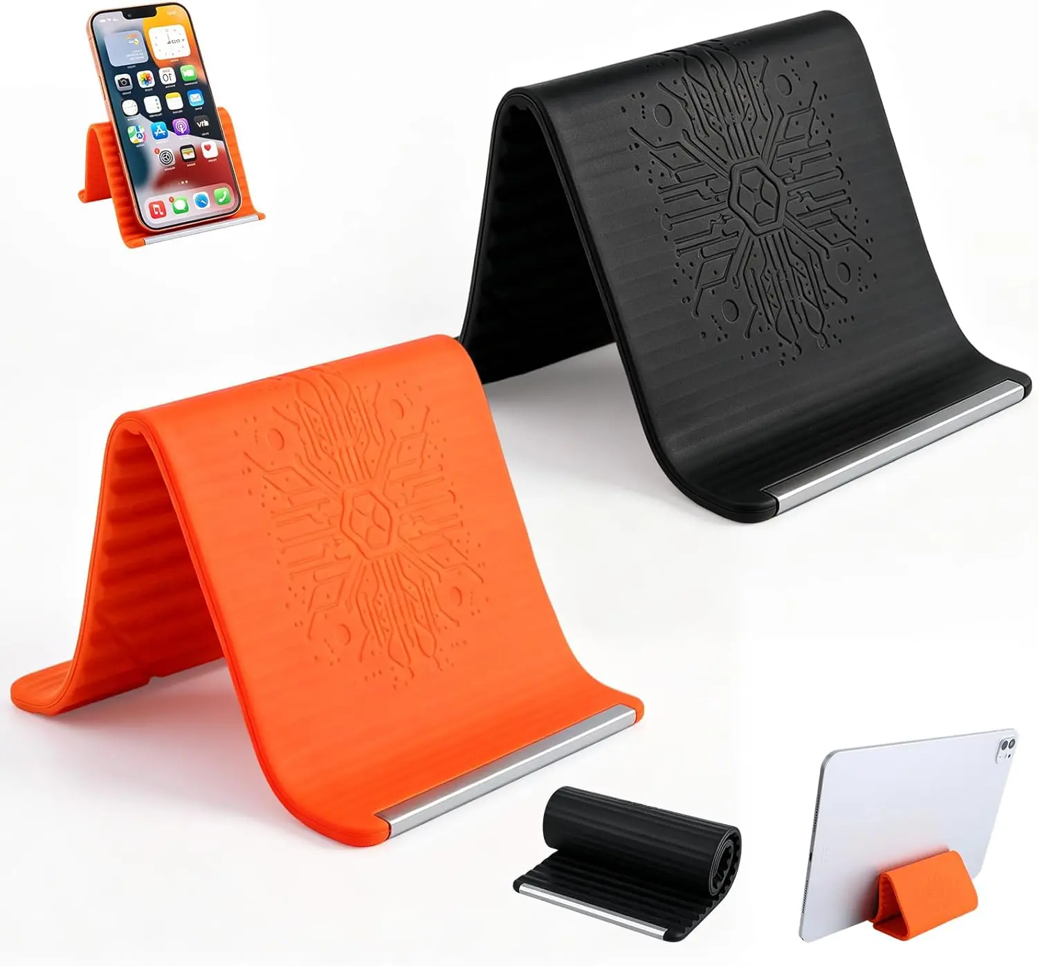 Silicone Phone Stand with Aluminum, Flexible Foldable Phone Holder, Bendable Adjustable Anti-Slip Desktop Stand for Phone Tablet Laptop, Portable Rollable Multi-Angle Stand for Home