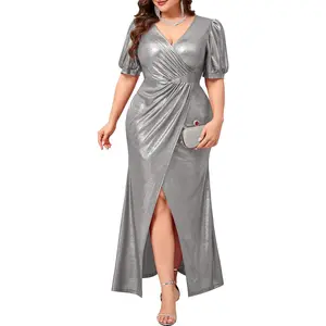 CYCLAMEN Plus Size Formal Maxi Dress Sparkly Evening Gown Ruched Puff Sleeves V-Neck High Slit Prom Wedding Guest Gala