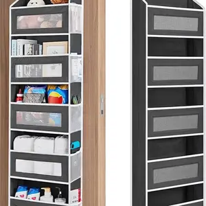 1 Pack Grey 5-Tier Over The Door Organizer (Home Supplies) - 5 Shelves, 10 Pockets, 48 lbs Capacity, Heavy Duty Anti-Tilt Design, Clear Window, Hooks, Foldable, Ample Storage, Family-Friendly for Bathroom Kitchen