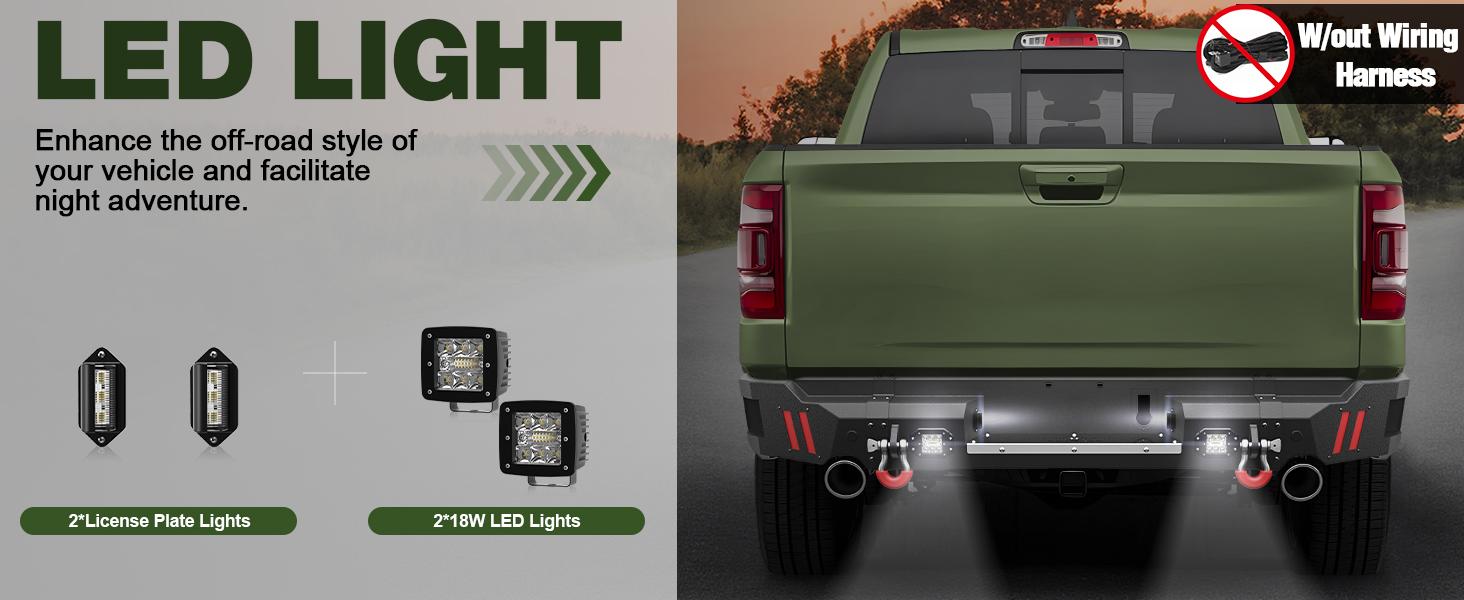 Ram 1500 Rear Back Bumper with Lights for 2019-2025 Dodge , 2019 2020 2021 2022 2023 2024 2025 Dodge Ram 1500(Exclude Classic) Truck Steel Rear Bumper w/LED Lights, D-rings
