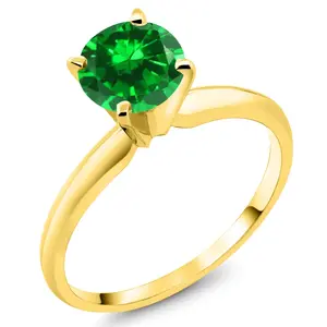 Gem Stone King 14K Yellow Gold Green Created Emerald Solitaire Engagement 4-Prong Ring For Women | 1.00 Cttw | Round 6MM | Gemstone May Birthstone