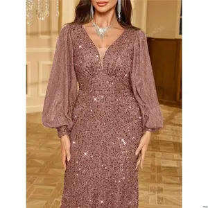 Dress Sequin Sleeve s UNITHORSE Women Long Embellished Deep V - Neck Lantern Fish Tail Hem Formal