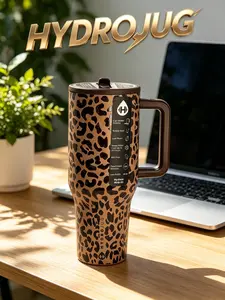 Hydrojug 40oz Brown Leopard Pattern Stainless Steel Water Bottle, Portable Insulated Cup With Straw, Leak Proof Design & Non Slip Rubber Base. Perfect Choice For Dating, School, Sports, Travel And Outdoor Adventures.