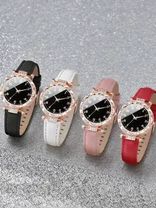 A set of four fashionable quartz watches for women featuring Arabic numerals and leather straps.
