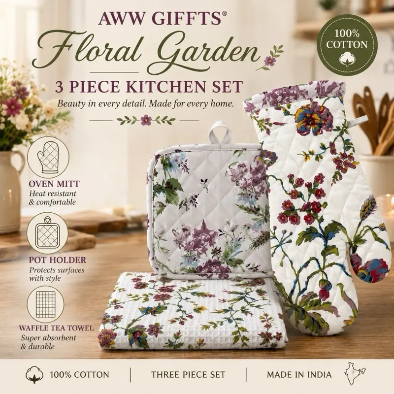 Plum Floral 4-Piece Kitchen Textile Set - Oven Mitt, Pot Holder, and Two Waffle Towels