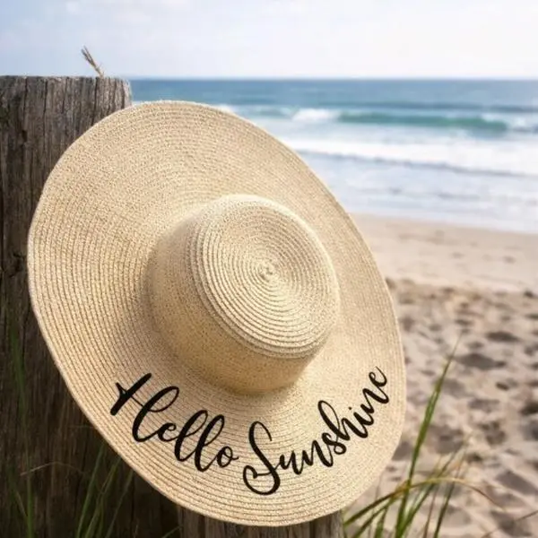 Hello Sunshine Straw Sun hat, Black Sparkle Lettering, Summer Beach Hat, Bachelorette Party Gift, Personalized Floppy Sunhat for Bride