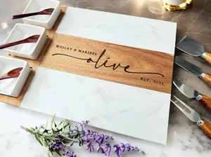 Marble & Wood Charcuterie Serving Board - Gift Set For Christmas,Weddings, Engagements, Housewarming, Corporate, Realtor, Thank-You Gifts Cutlery Stylish Tableware Wooden
